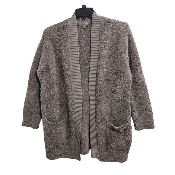 Barefoot Dreams CozyChic Ribbed Knit Trim Fuzzy Brown Womens Cardigan Size Large - Picture 1 of 6